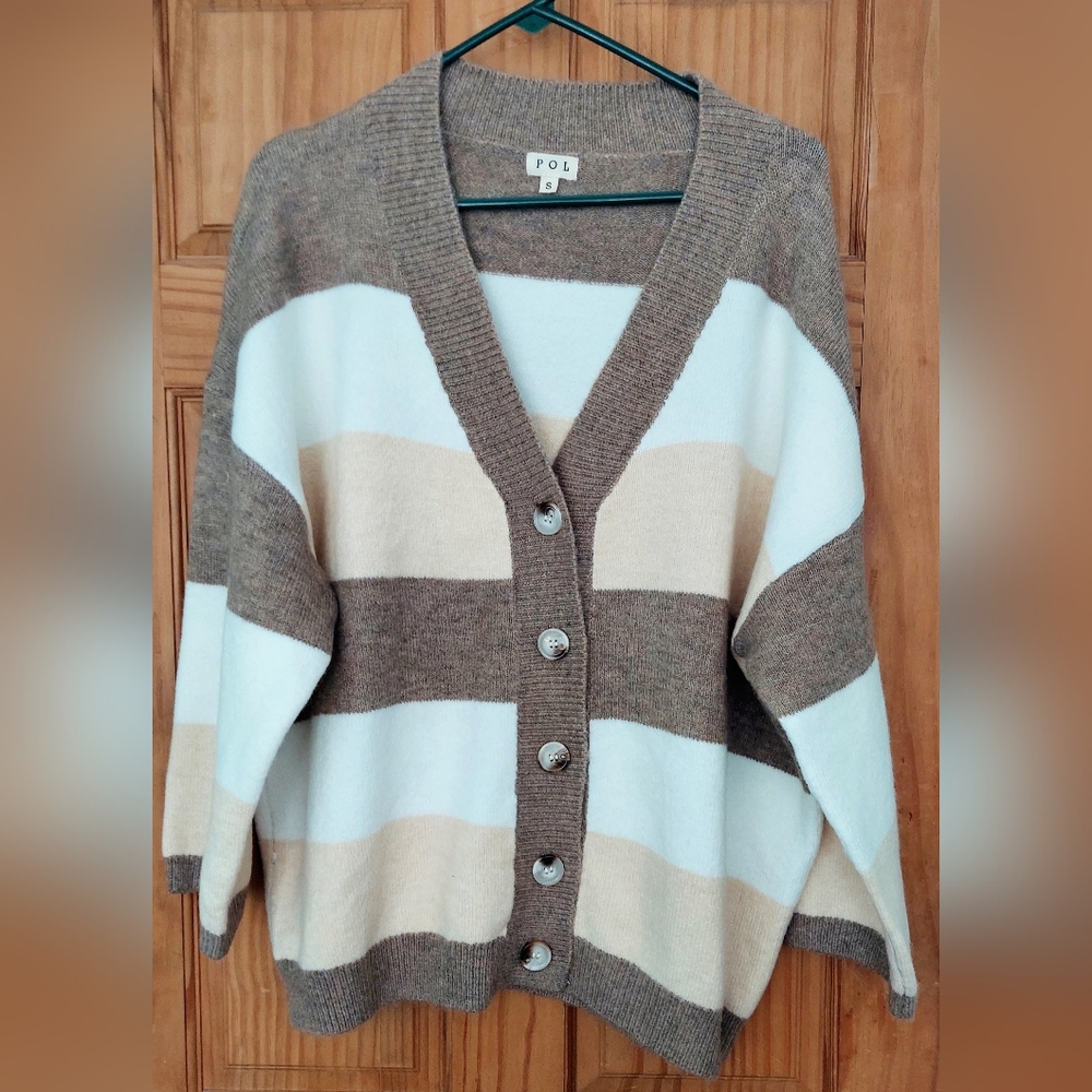 POL Oversized Cream and Brown Stripped Cardigan Women's Size Small Office Cozy